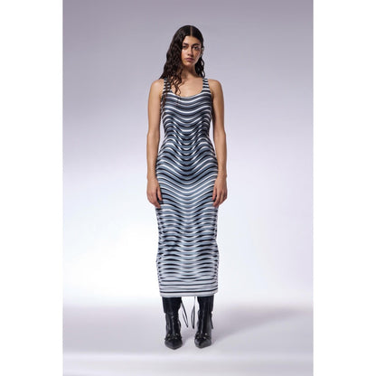 CILVR Optic Grey Midi Trompe O'Neil Print Dress