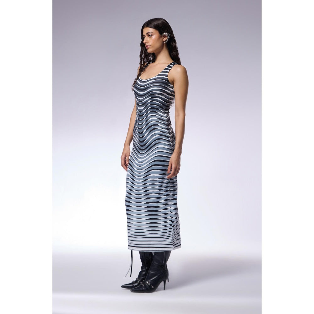 CILVR Optic Grey Midi Trompe O'Neil Print Dress