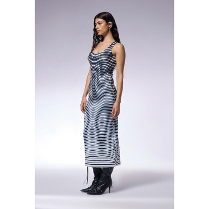 CILVR Optic Grey Midi Trompe O'Neil Print Dress
