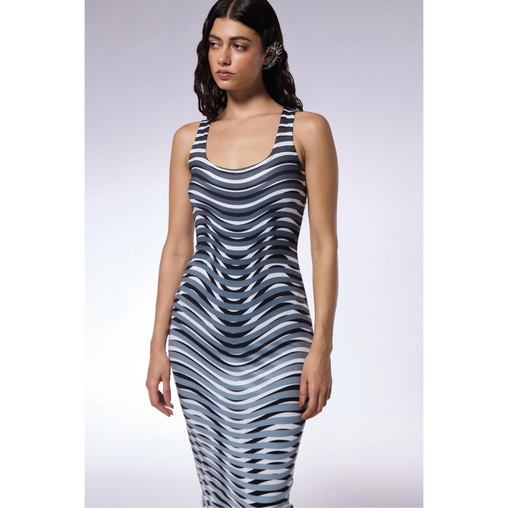 CILVR Optic Grey Midi Trompe O'Neil Print Dress