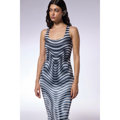 CILVR Optic Grey Midi Trompe O'Neil Print Dress