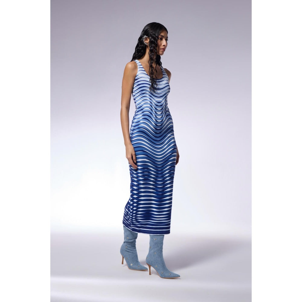 CILVR Optic Blue Midi Trompe O'Neil Print Dress