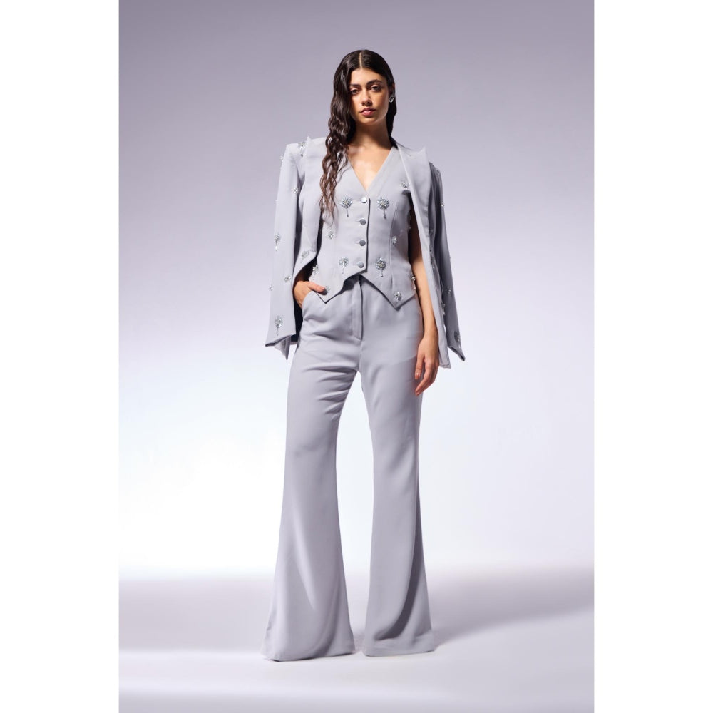 CILVR Cosmos Ash Grey Embellished Blazer with Waistcoat and Pant (Set of 3)