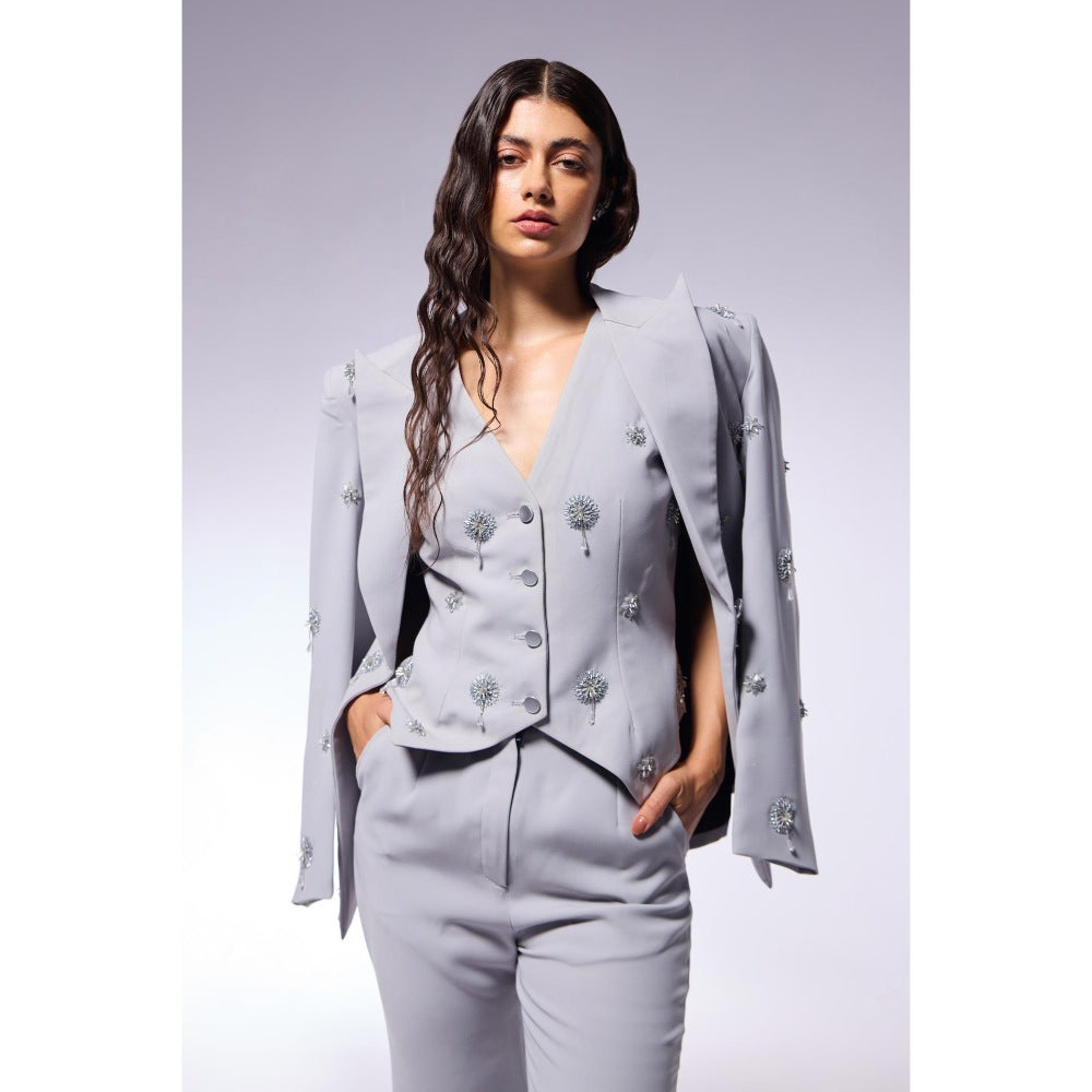CILVR Cosmos Ash Grey Embellished Blazer with Waistcoat and Pant (Set of 3)