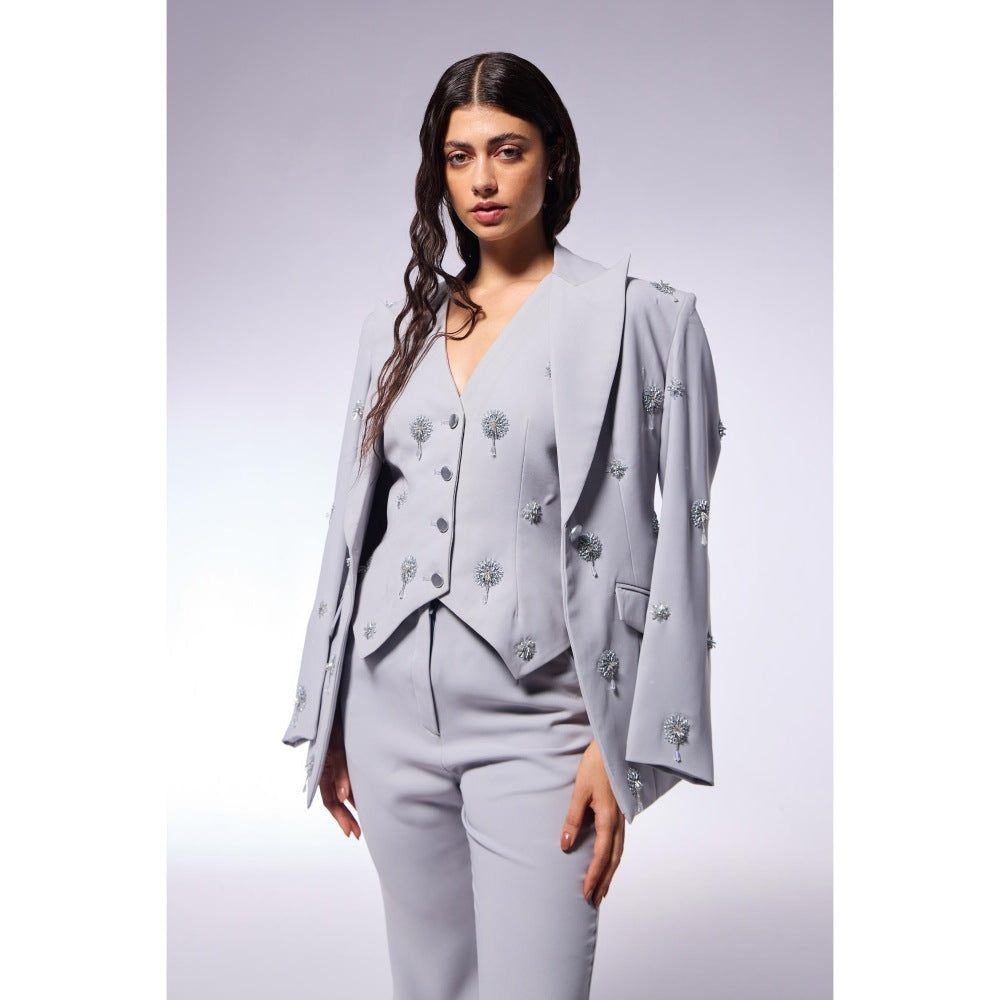CILVR Cosmos Ash Grey Embellished Blazer with Waistcoat and Pant (Set of 3)