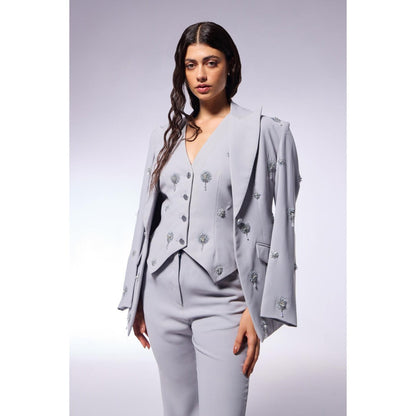 CILVR Cosmos Ash Grey Embellished Blazer with Waistcoat and Pant (Set of 3)