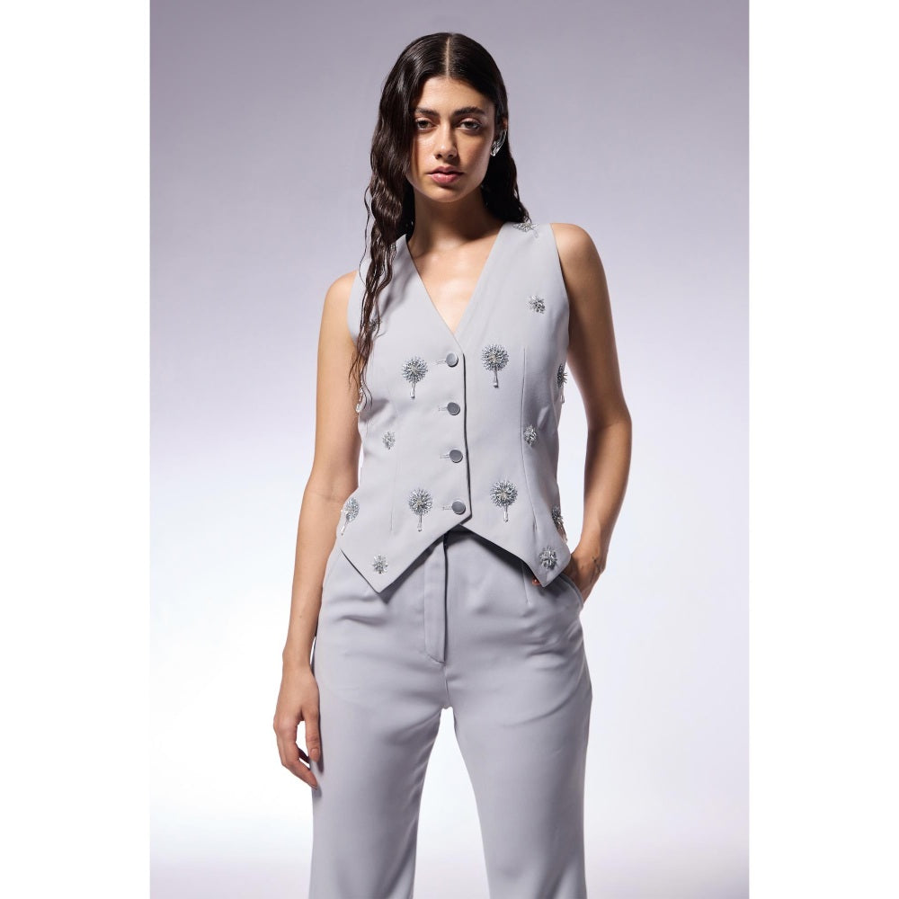 CILVR Cosmos Ash Grey Embellished Blazer with Waistcoat and Pant (Set of 3)