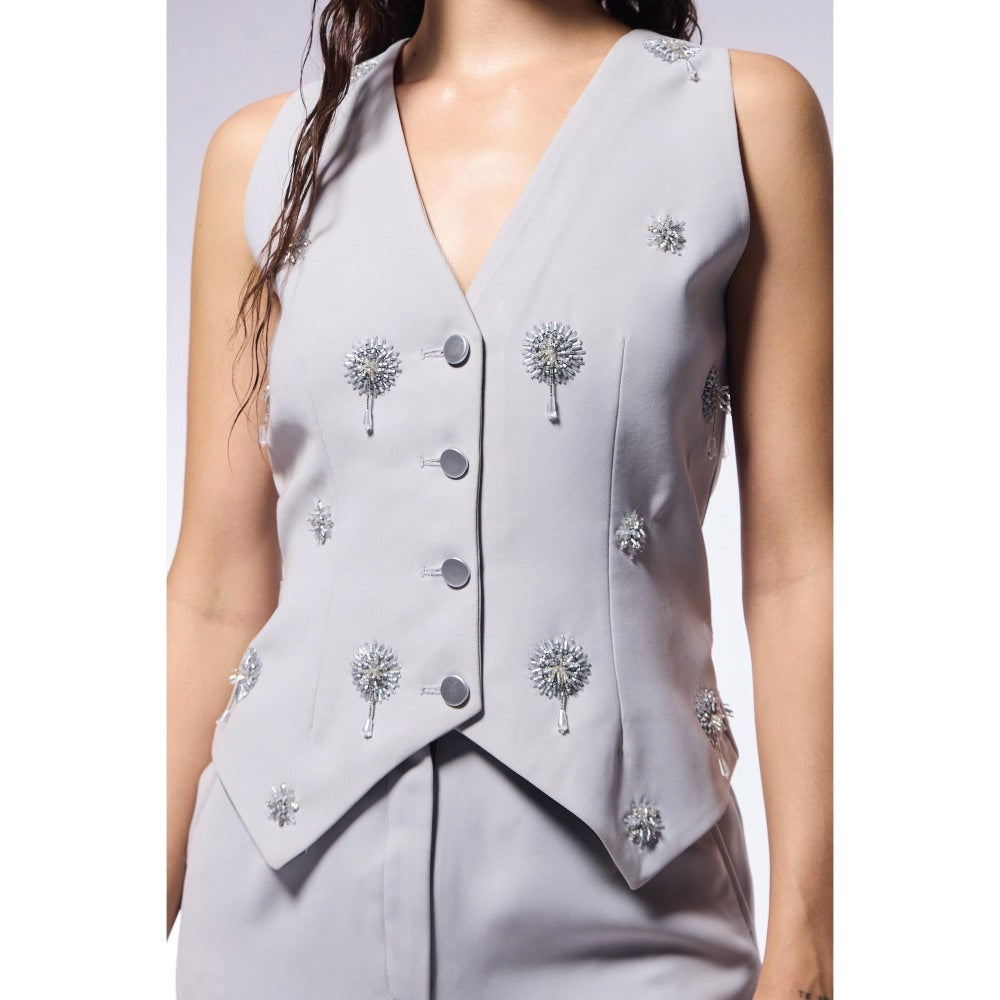 CILVR Cosmos Ash Grey Embellished Blazer with Waistcoat and Pant (Set of 3)