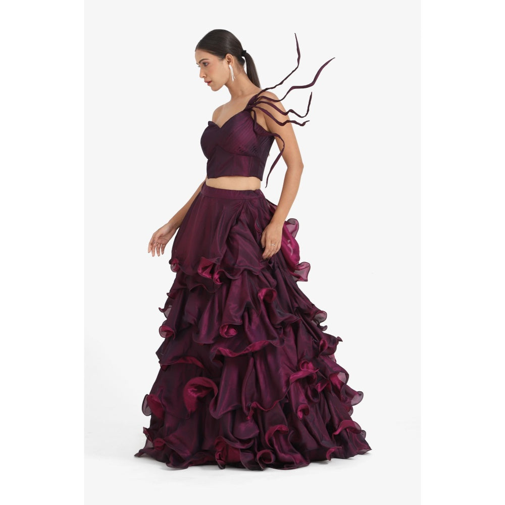 Closet Aura Solid Wine Lehenga with Blouse (Set of 2)