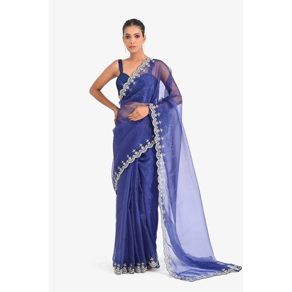 Closet Aura Blue Embroidered Saree with Stitched Blouse