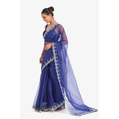 Closet Aura Blue Embroidered Saree with Stitched Blouse