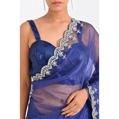 Closet Aura Blue Embroidered Saree with Stitched Blouse