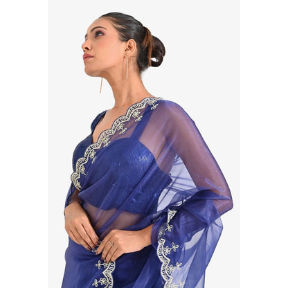 Closet Aura Blue Embroidered Saree with Stitched Blouse