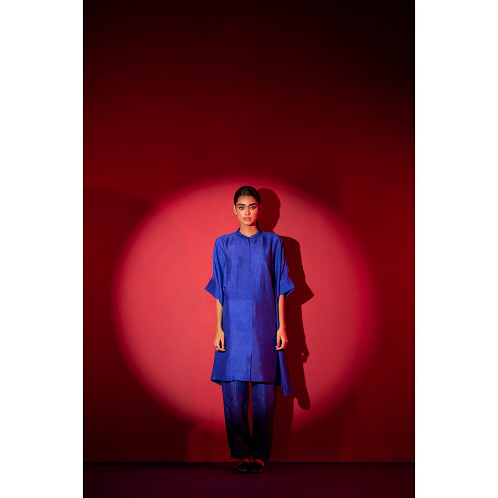 clos Blue Asymmetric Longline Kaftan With Pant (Set of 2)