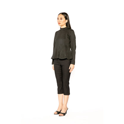 Contemponari Black Solid Full Sleeves Trojan Top