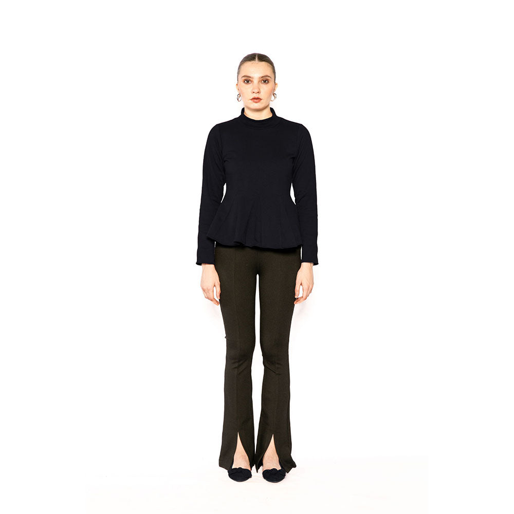 Contemponari Navy Blue Solid Full Sleeves Trojan Top