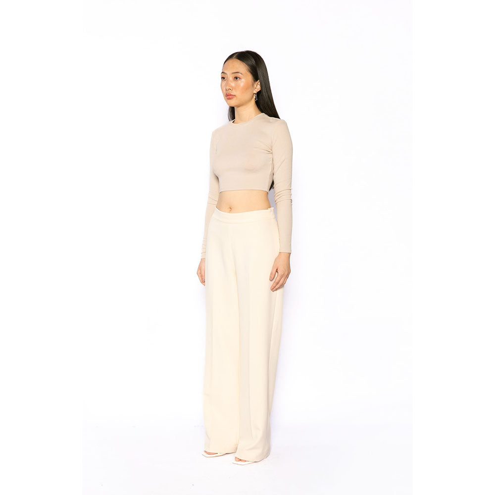 Contemponari Women Crepe Solid Beige Pant