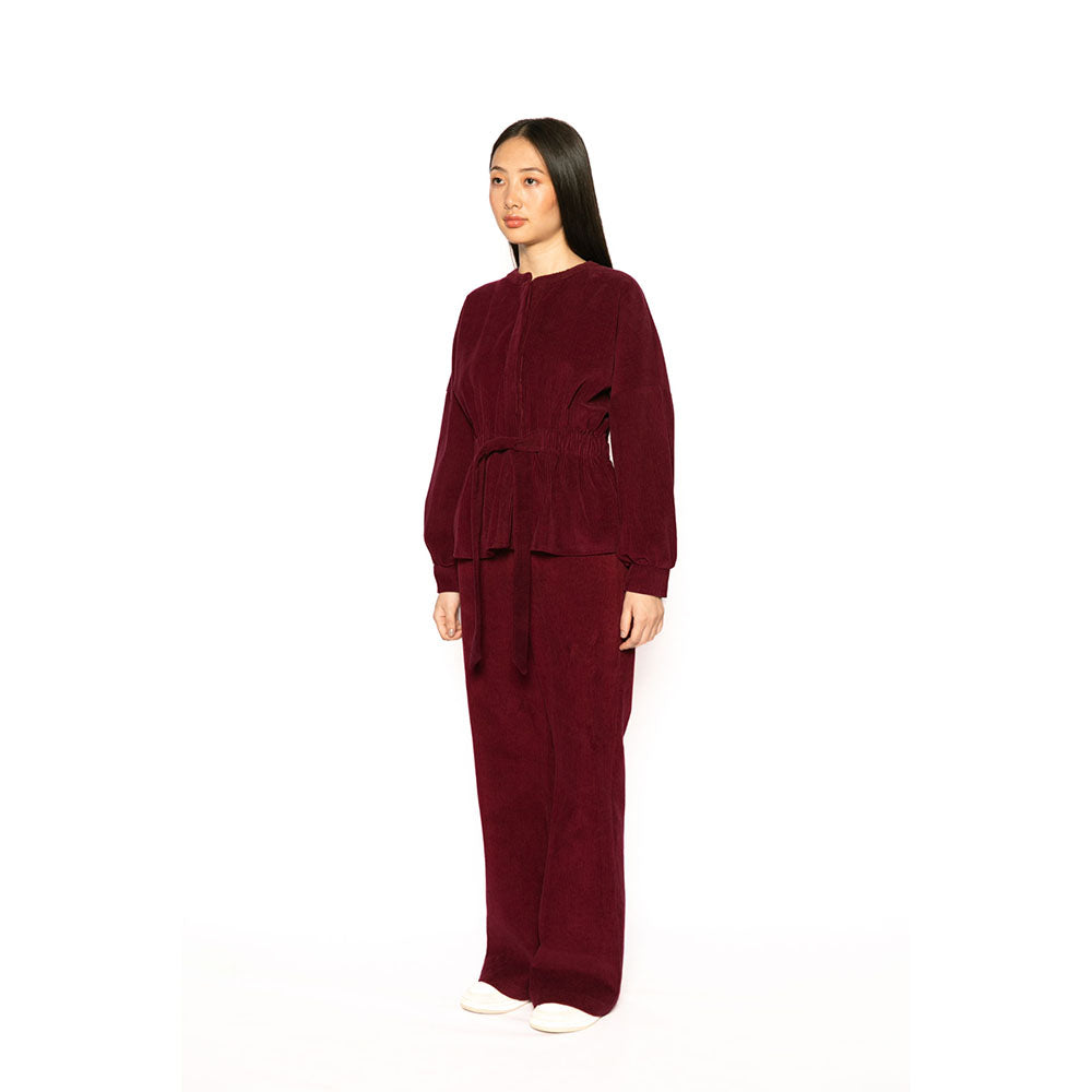 Contemponari Women Corduroy Solid Maroon Winter Jacket