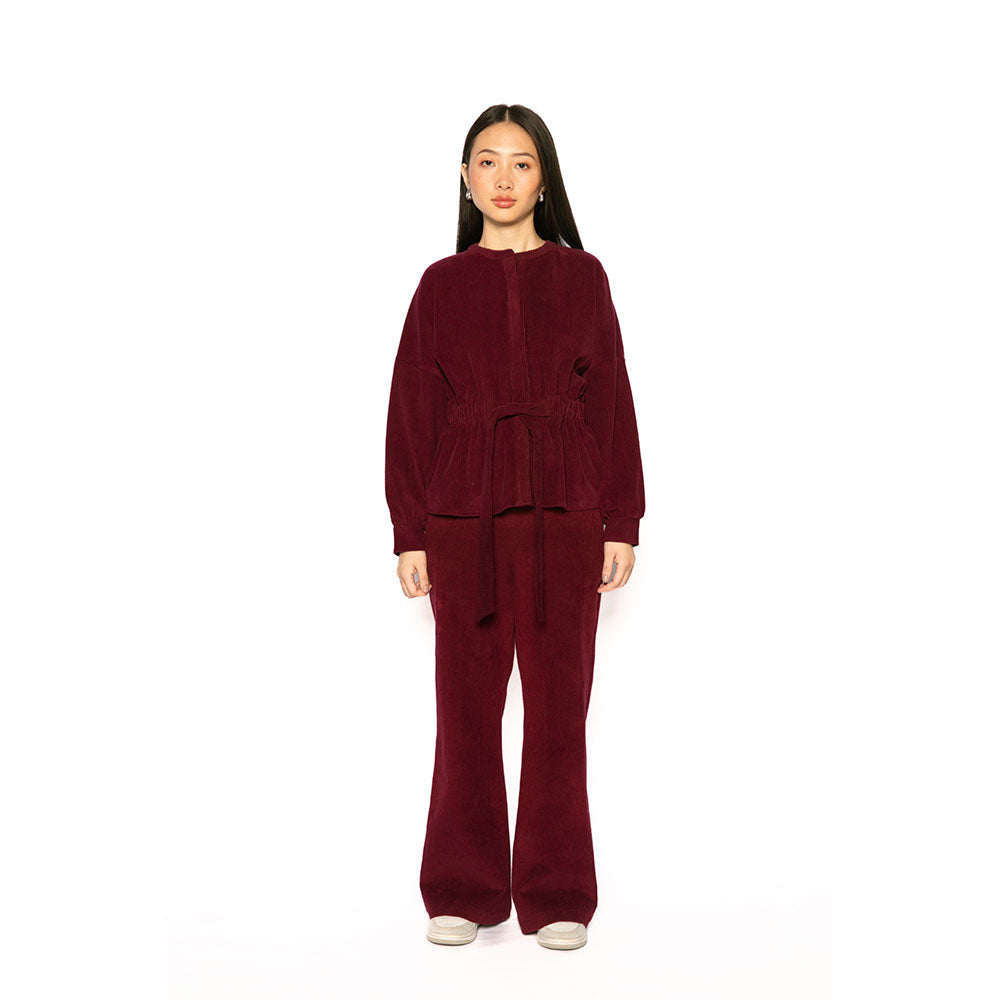 Contemponari Women Corduroy Solid Maroon Winter Jacket
