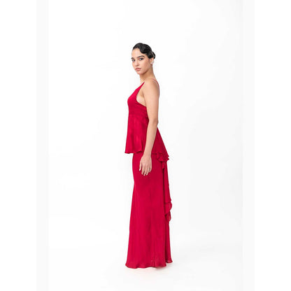 Contemponari Women Red Cotton Satin Solid Top