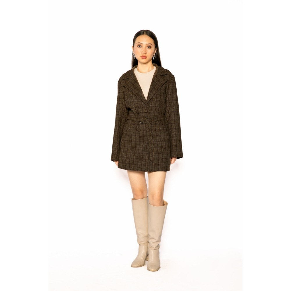 Contemponari Womens Poseidon Checks Brown Coat with Belt