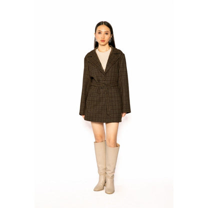 Contemponari Womens Poseidon Checks Brown Coat with Belt