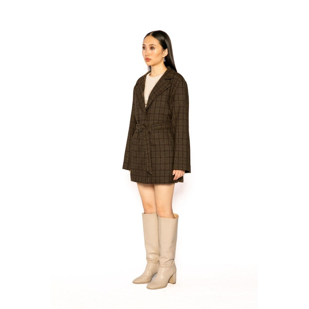 Contemponari Womens Poseidon Checks Brown Coat with Belt