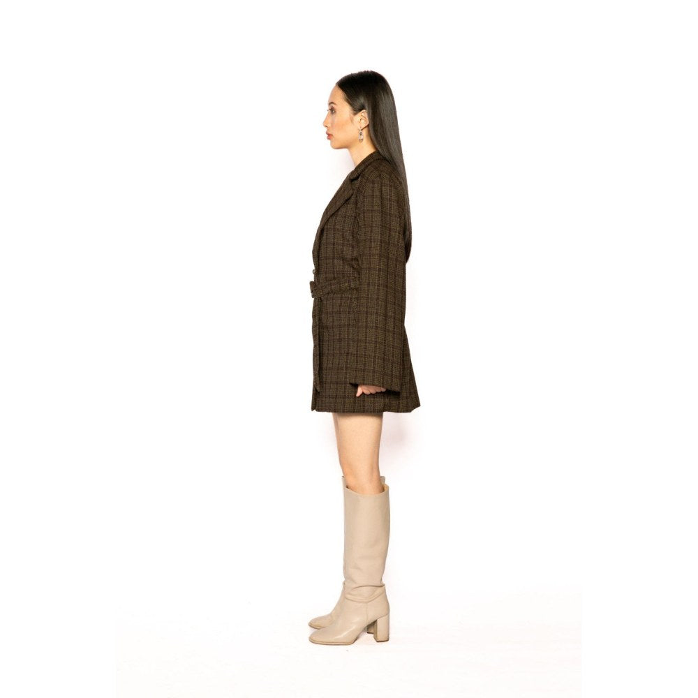 Contemponari Womens Poseidon Checks Brown Coat with Belt