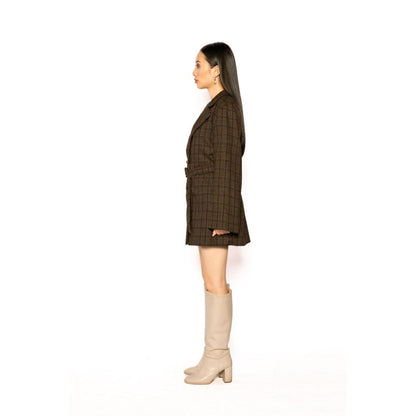 Contemponari Womens Poseidon Checks Brown Coat with Belt