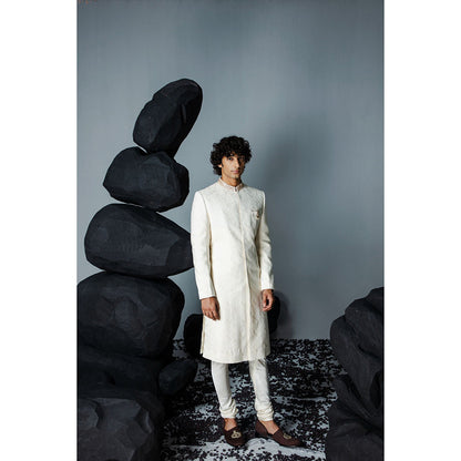 CONTRAST BY PARTH White Mirza Sherwani with Kurta & Churidar (Set of 3)
