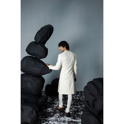 CONTRAST BY PARTH White Mirza Sherwani with Kurta & Churidar (Set of 3)