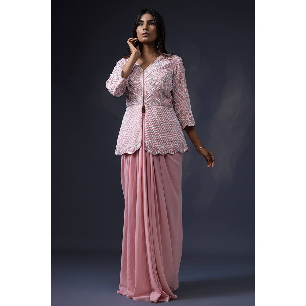 Daatri by meenakshi kakkar Pink Pearl Embroidered Jacket with Drape Skirt (Set of 2)