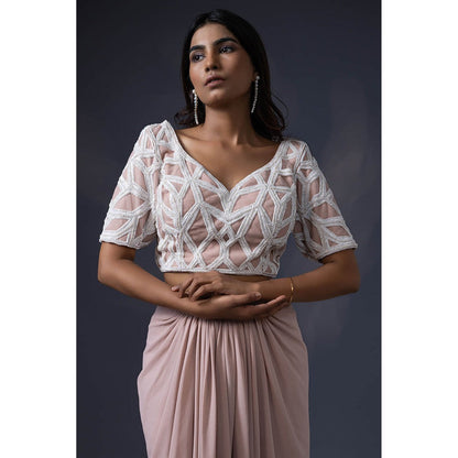 Daatri by meenakshi kakkar Beige Drape Skirt with Embroidered Blouse and Dupatta (Set of 3)