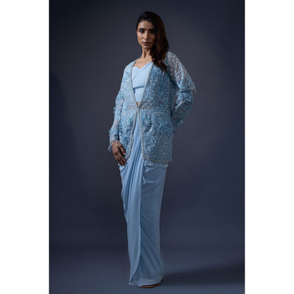 Daatri by meenakshi kakkar Blue 3D Work Jacket with Drape Skirt and Bustier (Set of 2)
