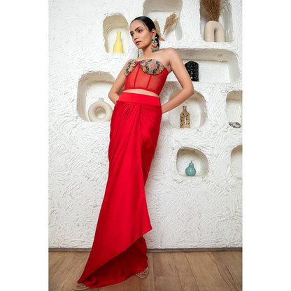 Daatri by meenakshi kakkar Red Drape Skirt with Corset Blouse and Cape (Set of 3)