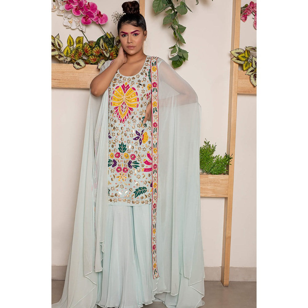 Daatri by meenakshi kakkar Blue Sharara with Embroidered Kurti and Cape (Set of 3)