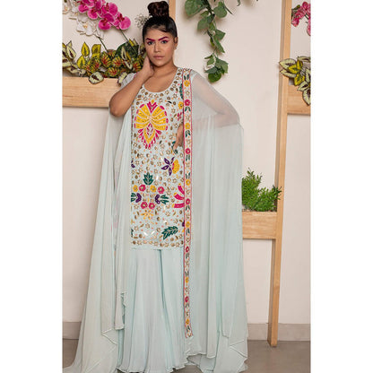 Daatri by meenakshi kakkar Blue Sharara with Embroidered Kurti and Cape (Set of 3)