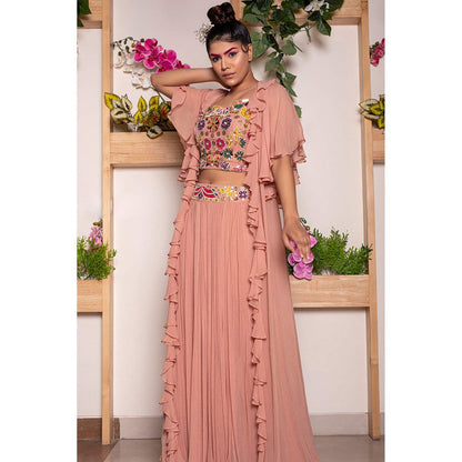 Daatri by meenakshi kakkar Peach Roached Skirt with Blouse and Ruffled Cape (Set of 3)