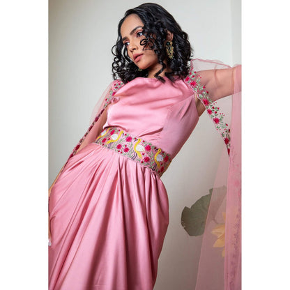 Daatri by meenakshi kakkar Pink Drape Gown with Belt and Cape (Set of 3)