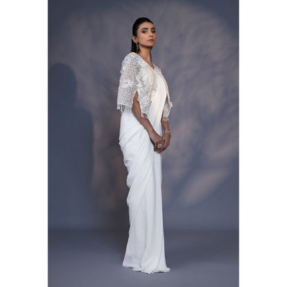 Daatri by meenakshi kakkar 3D Embroidered White Cape With Draped Saree and Stitched Blouse