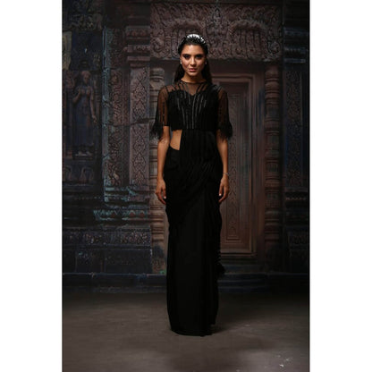Daatri by meenakshi kakkar Black Pre-Drape Saree with Stitched Blouse