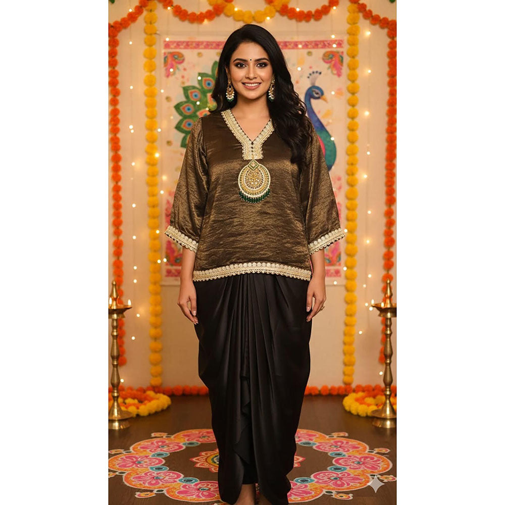 Daatri by meenakshi kakkar Brown Drape Skirt with Embroidered Short Kurta