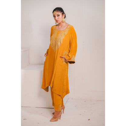 Daljit Sudan Mustard Crepe Tilla Kurta (Set of 2)