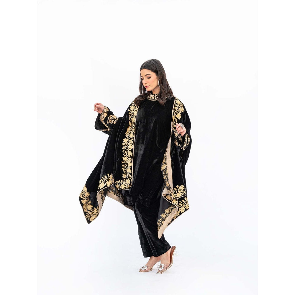 Daljit Sudan Black Velvet Cape with Kurta and Pant (Set of 3)