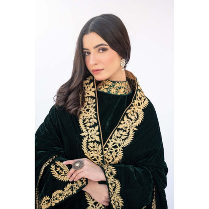 Daljit Sudan Dark Green Velvet Cape with Kurta and Pant (Set of 3)