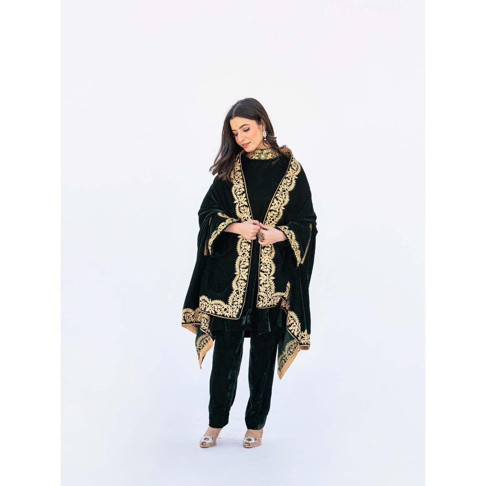Daljit Sudan Dark Green Velvet Cape with Kurta and Pant (Set of 3)