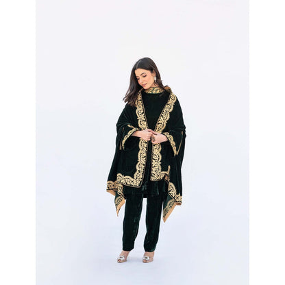 Daljit Sudan Dark Green Velvet Cape with Kurta and Pant (Set of 3)