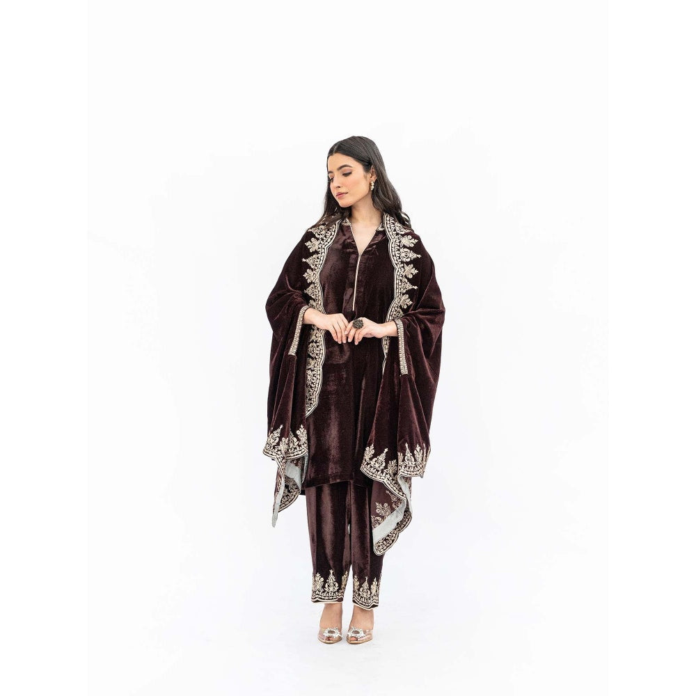 Daljit Sudan Brown Velvet Cutwork Cape with Kurta and Dupatta (Set of 3)