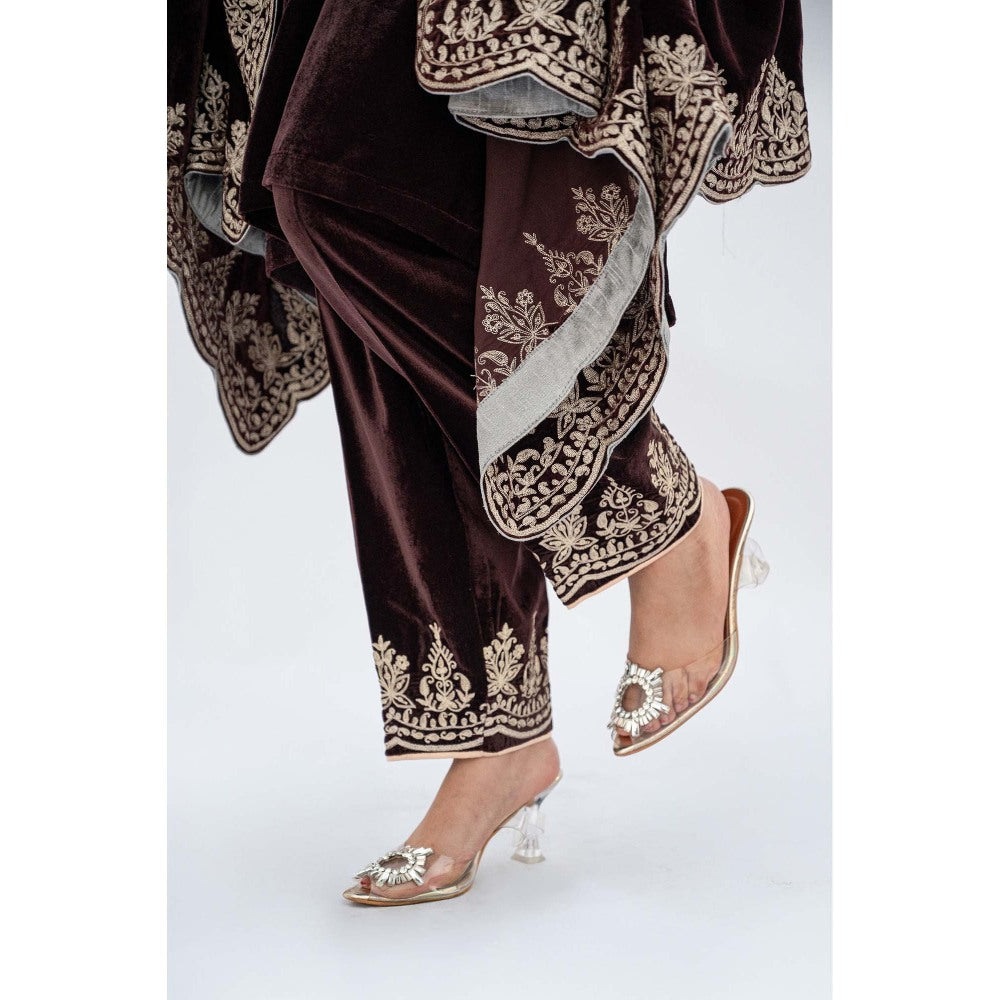 Daljit Sudan Brown Velvet Cutwork Cape with Kurta and Dupatta (Set of 3)