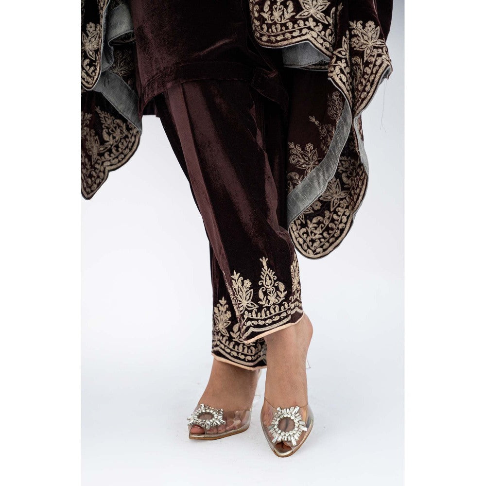 Daljit Sudan Brown Velvet Cutwork Cape with Kurta and Dupatta (Set of 3)